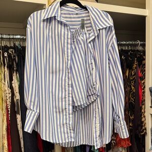 Blue and White Striped Button-Up Shirt with shorts